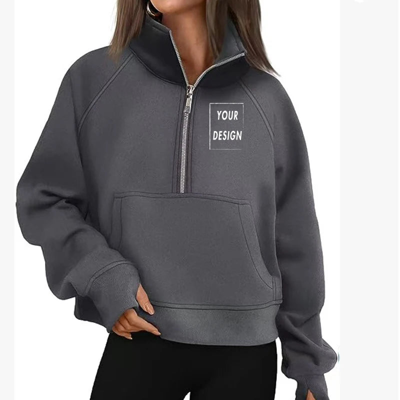 Women's Stand Collar Plus Fleece Solid Color Hoodie Long Sleeve Pocket Loose Half Zip Pullover Hoodie Top лонгслив женский