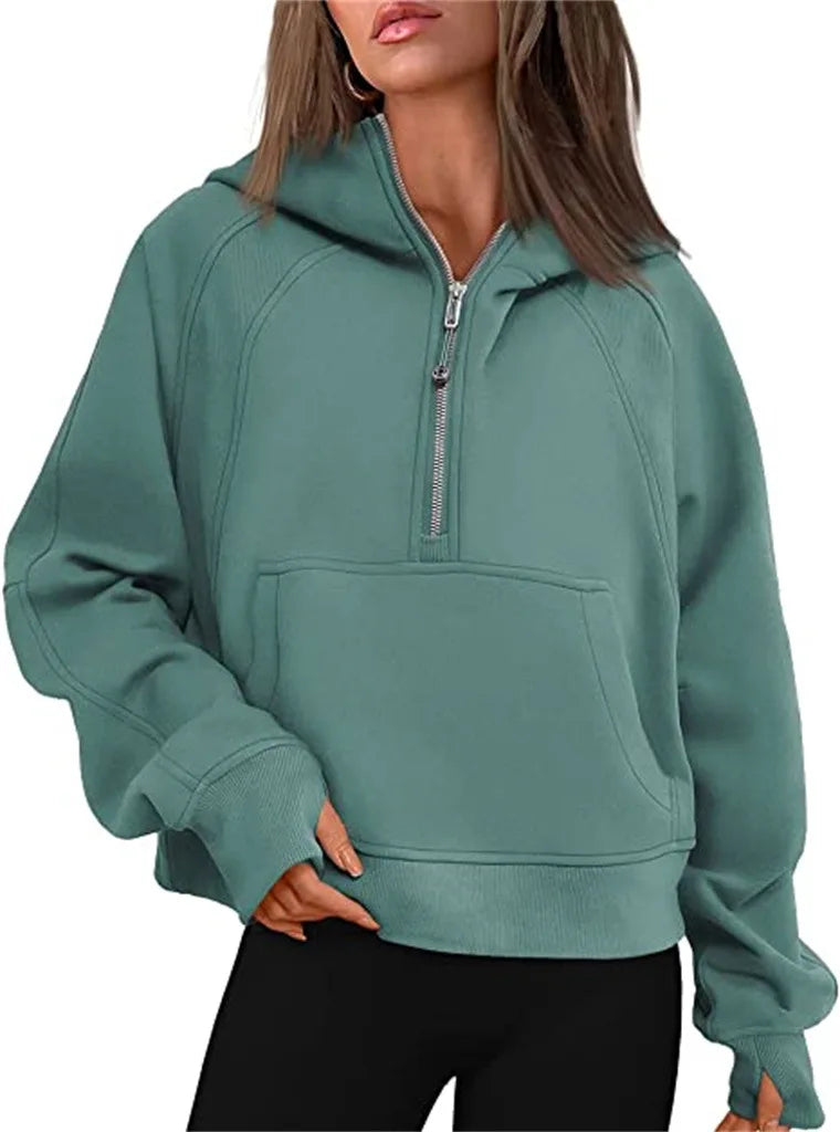 Women's Stand Collar Plus Fleece Solid Color Hoodie Long Sleeve Pocket Loose Half Zip Pullover Hoodie Top лонгслив женский