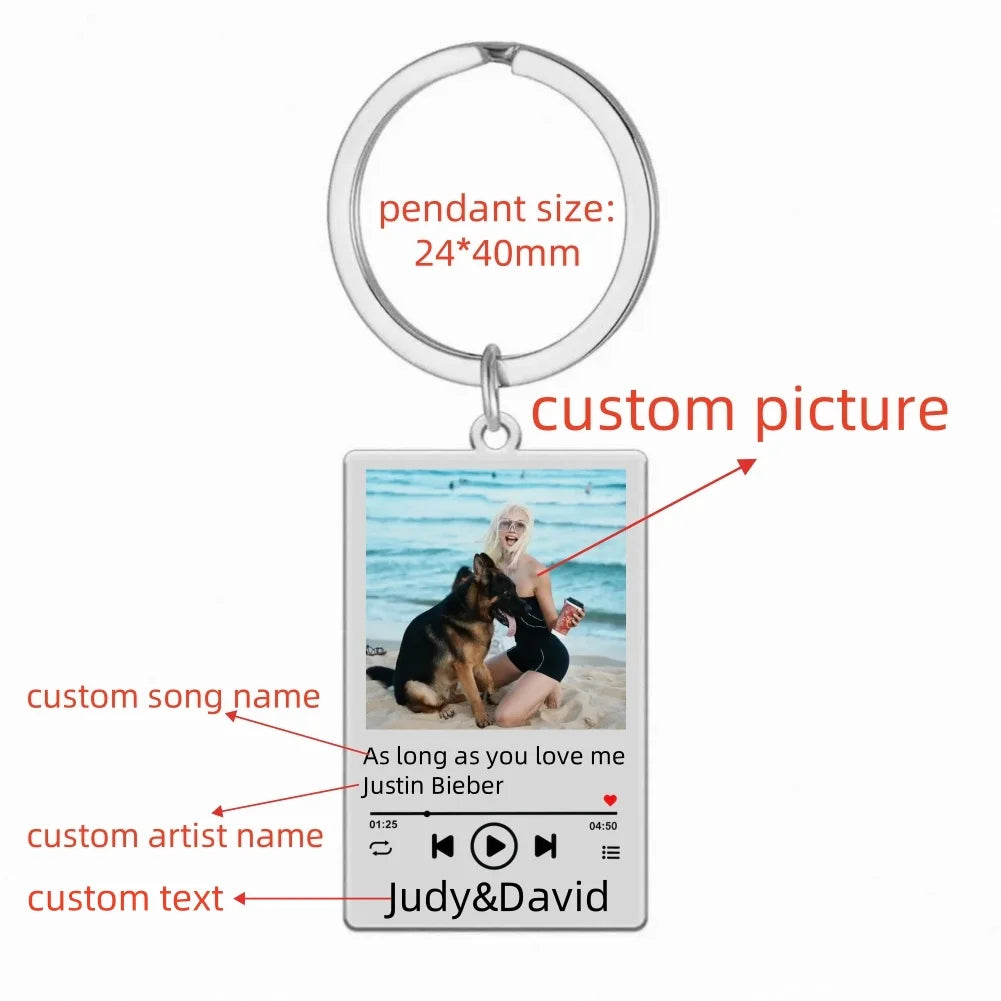 Jeshayuan Custom Picture Keychain Customized Music Song Key Ring Stainless Steel Personalized Photo Keychains Gifts for Lover