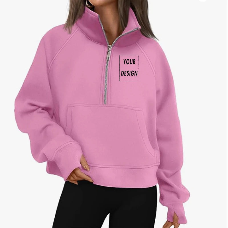 Women's Stand Collar Plus Fleece Solid Color Hoodie Long Sleeve Pocket Loose Half Zip Pullover Hoodie Top лонгслив женский