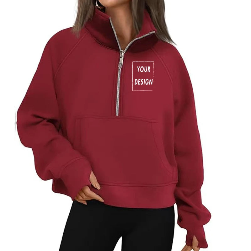 Women's Stand Collar Plus Fleece Solid Color Hoodie Long Sleeve Pocket Loose Half Zip Pullover Hoodie Top лонгслив женский