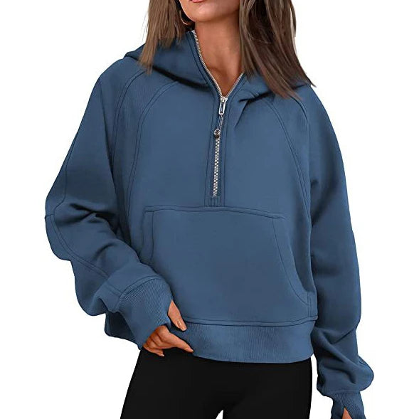Women's Stand Collar Plus Fleece Solid Color Hoodie Long Sleeve Pocket Loose Half Zip Pullover Hoodie Top лонгслив женский