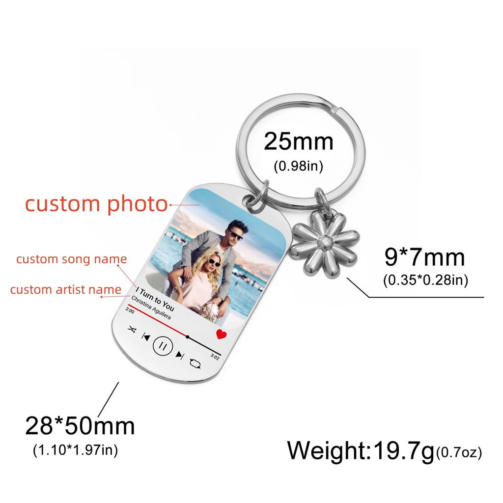 Jeshayuan Custom Picture Keychain Customized Music Song Key Ring Stainless Steel Personalized Photo Keychains Gifts for Lover