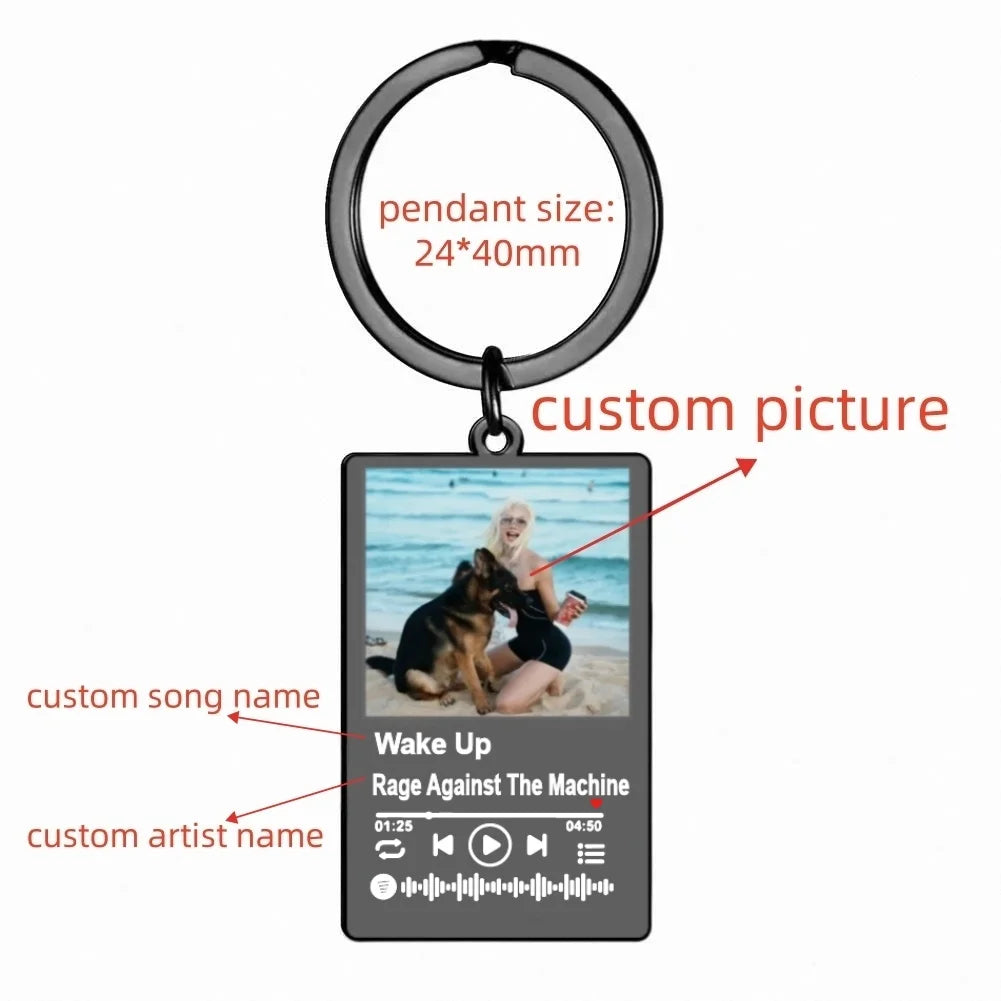 Jeshayuan Custom Picture Keychain Customized Music Song Key Ring Stainless Steel Personalized Photo Keychains Gifts for Lover