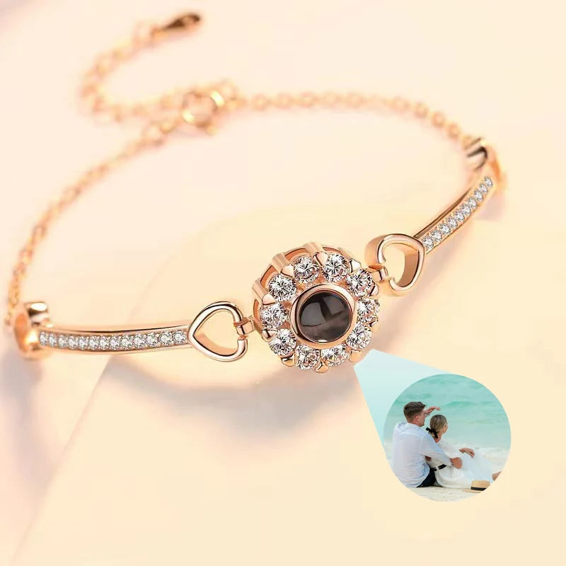 Personalized Bracelet with Picture Inside Custom Projection Heart Bangle with Photo I Love You Memorial Gifts for Women Girls
