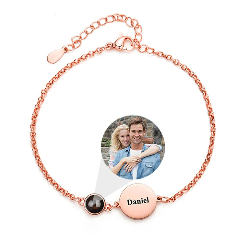 Custom Name Bracelet with Picture Inside Personalized Photo Projection Bracelets Engraved Name Bracelet for Memorial Gifts