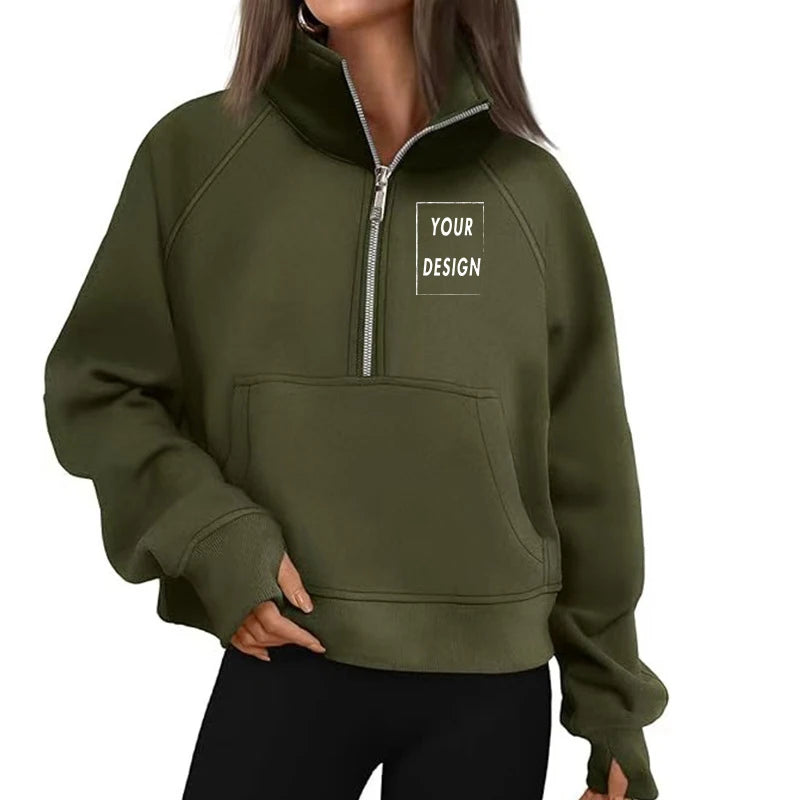 Women's Stand Collar Plus Fleece Solid Color Hoodie Long Sleeve Pocket Loose Half Zip Pullover Hoodie Top лонгслив женский