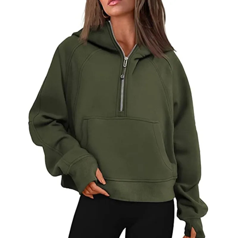 Women's Stand Collar Plus Fleece Solid Color Hoodie Long Sleeve Pocket Loose Half Zip Pullover Hoodie Top лонгслив женский