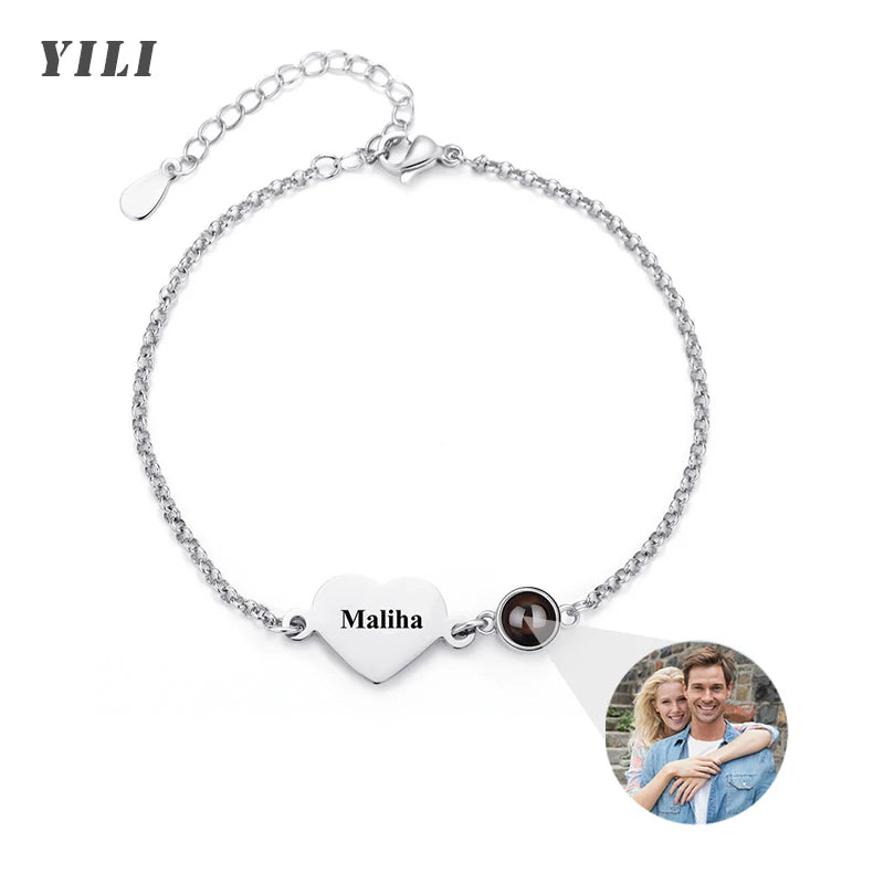 Custom Name Bracelet with Picture Inside Personalized Photo Projection Bracelets Engraved Name Bracelet for Memorial Gifts
