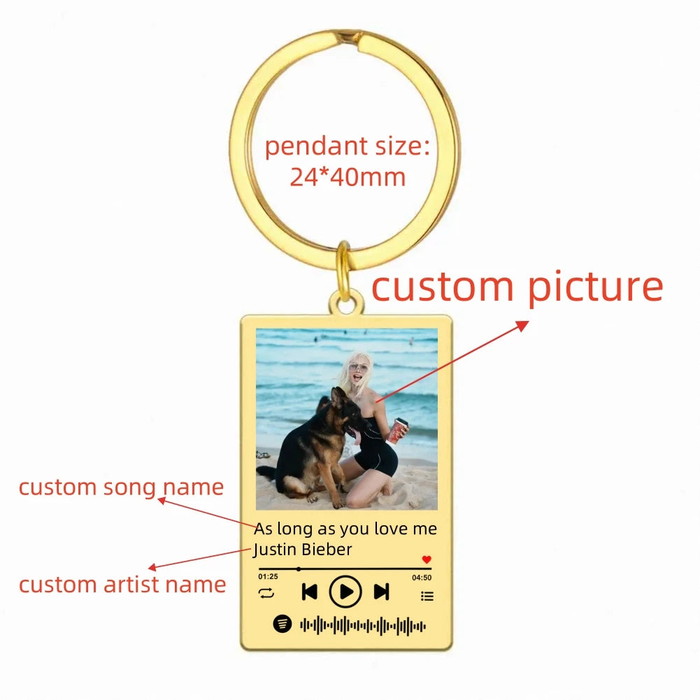 Jeshayuan Custom Picture Keychain Customized Music Song Key Ring Stainless Steel Personalized Photo Keychains Gifts for Lover