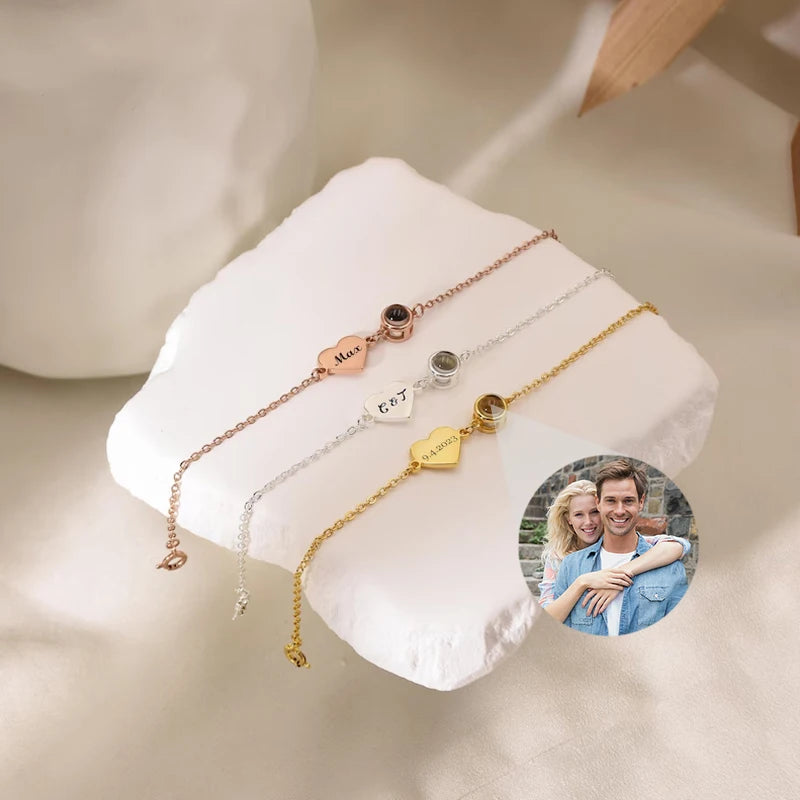 Custom Name Bracelet with Picture Inside Personalized Photo Projection Bracelets Engraved Name Bracelet for Memorial Gifts