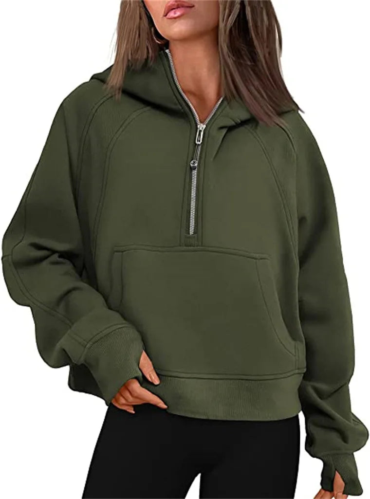 Women's Stand Collar Plus Fleece Solid Color Hoodie Long Sleeve Pocket Loose Half Zip Pullover Hoodie Top лонгслив женский