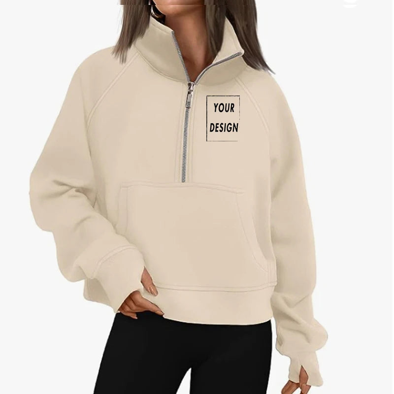 Women's Stand Collar Plus Fleece Solid Color Hoodie Long Sleeve Pocket Loose Half Zip Pullover Hoodie Top лонгслив женский