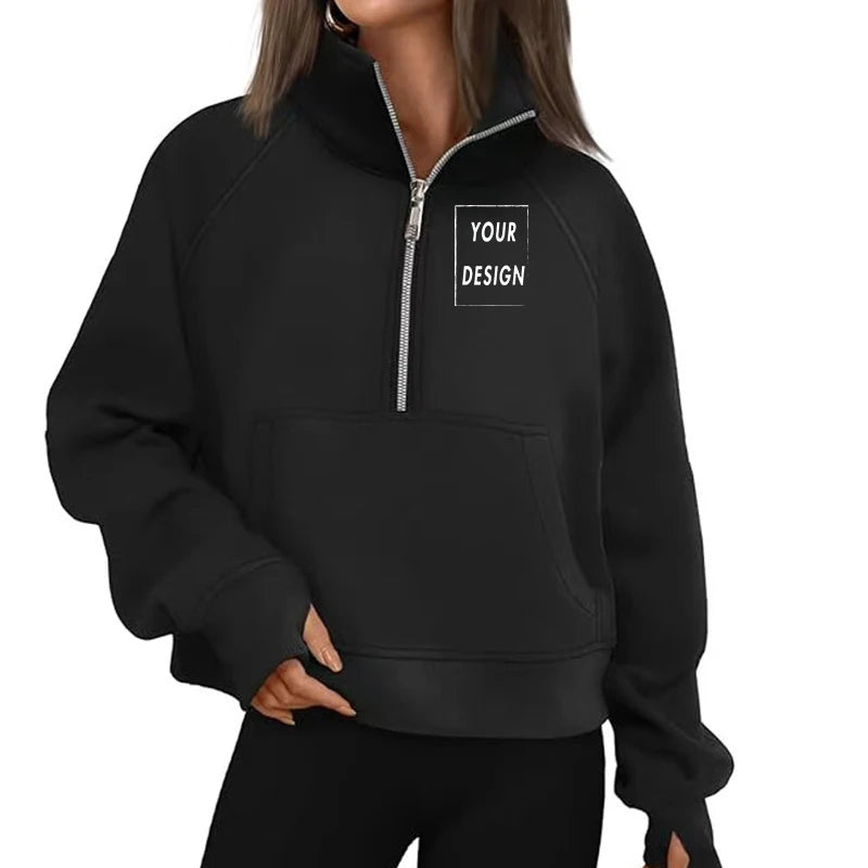 Women's Stand Collar Plus Fleece Solid Color Hoodie Long Sleeve Pocket Loose Half Zip Pullover Hoodie Top лонгслив женский