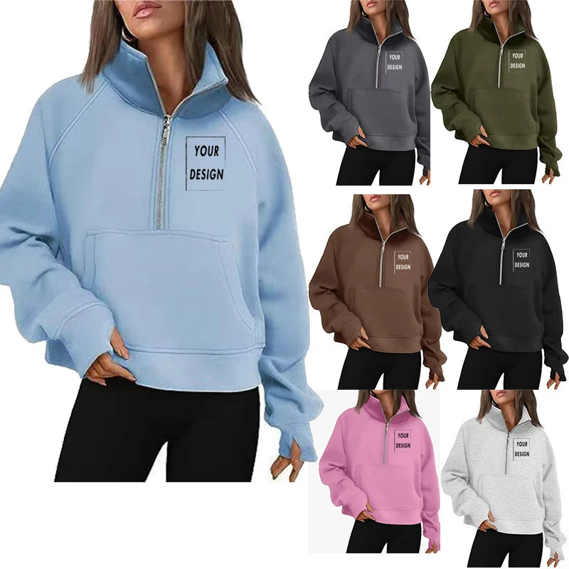 Women's Stand Collar Plus Fleece Solid Color Hoodie Long Sleeve Pocket Loose Half Zip Pullover Hoodie Top лонгслив женский