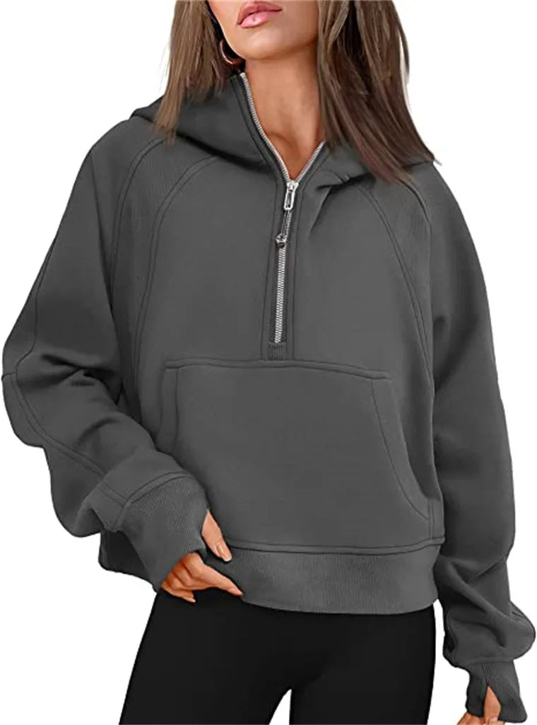 Women's Stand Collar Plus Fleece Solid Color Hoodie Long Sleeve Pocket Loose Half Zip Pullover Hoodie Top лонгслив женский