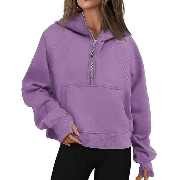 Women's Stand Collar Plus Fleece Solid Color Hoodie Long Sleeve Pocket Loose Half Zip Pullover Hoodie Top лонгслив женский