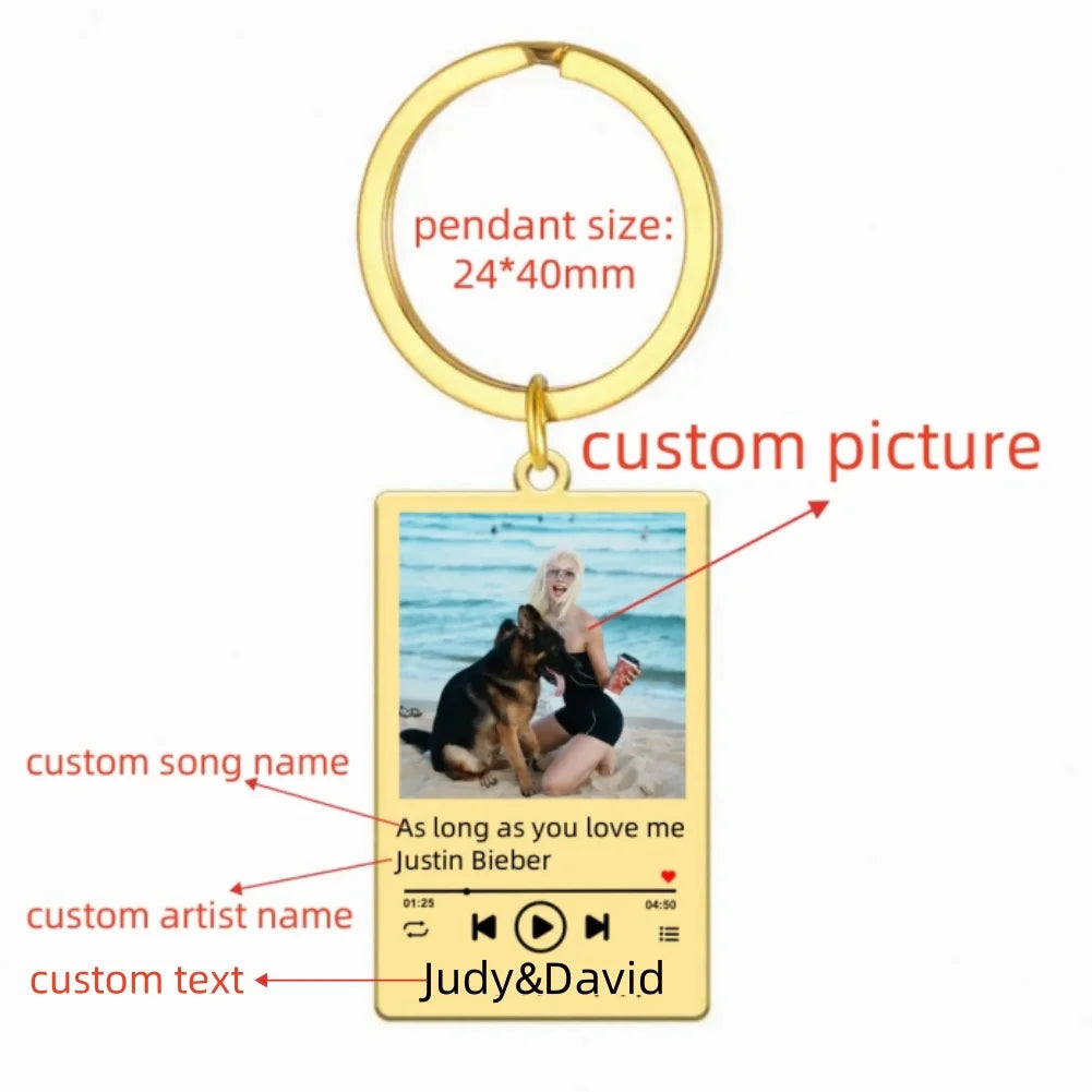 Jeshayuan Custom Picture Keychain Customized Music Song Key Ring Stainless Steel Personalized Photo Keychains Gifts for Lover