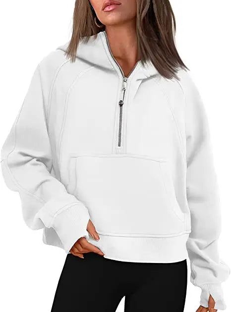 Women's Stand Collar Plus Fleece Solid Color Hoodie Long Sleeve Pocket Loose Half Zip Pullover Hoodie Top лонгслив женский