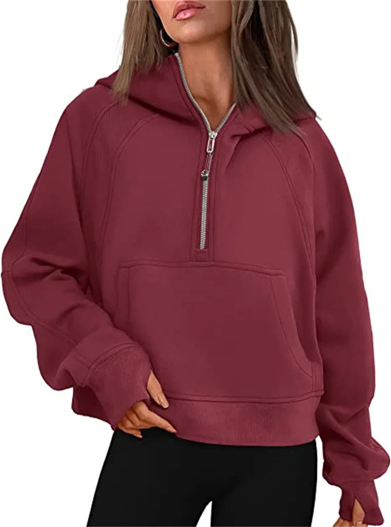 Women's Stand Collar Plus Fleece Solid Color Hoodie Long Sleeve Pocket Loose Half Zip Pullover Hoodie Top лонгслив женский