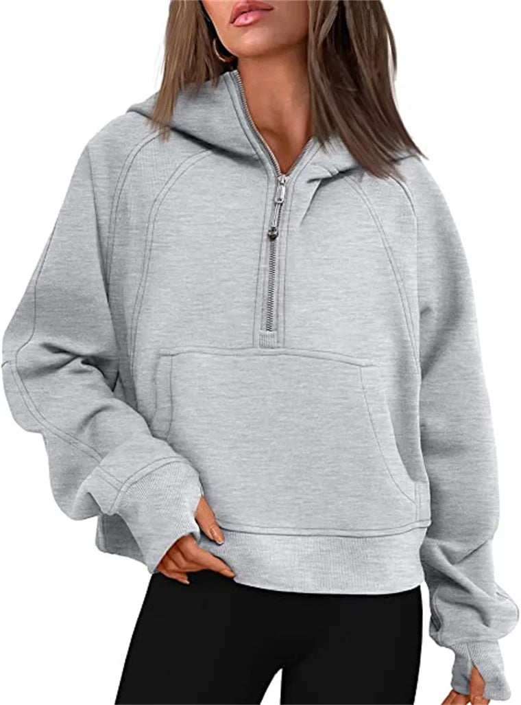 Women's Stand Collar Plus Fleece Solid Color Hoodie Long Sleeve Pocket Loose Half Zip Pullover Hoodie Top лонгслив женский