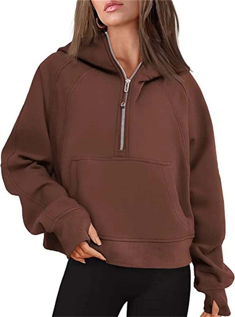 Women's Stand Collar Plus Fleece Solid Color Hoodie Long Sleeve Pocket Loose Half Zip Pullover Hoodie Top лонгслив женский