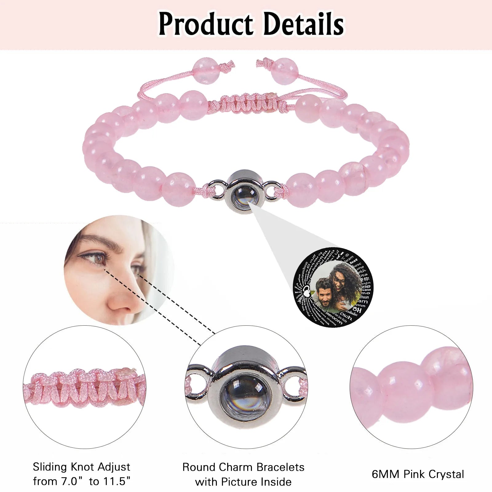 Custom Photo Bracelet Personalized Photo Projection Bracelet Beaded Bracelets with Picture Inside 100 Languages Memorial Gift