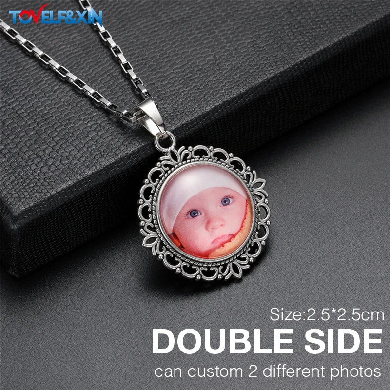 Personalized Memory Photo Pendant Double Side Customized Stainless Steel Chain Necklace for Family Members Anniversary Gift