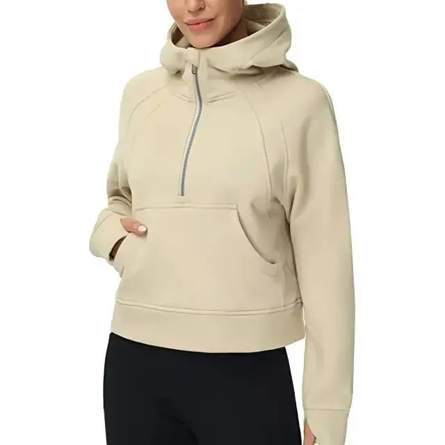 Women's Stand Collar Plus Fleece Solid Color Hoodie Long Sleeve Pocket Loose Half Zip Pullover Hoodie Top лонгслив женский