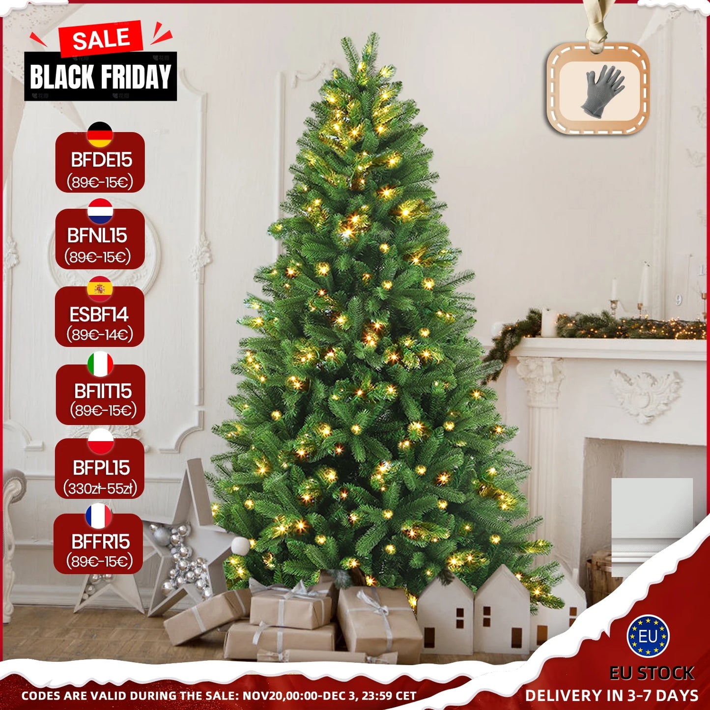 210cm Artificial Christmas Tree 340 LED lights,1276 Tips,PVC+PE, Wooden Stand,Foldable Design,Easy Assembly,Party Decoration