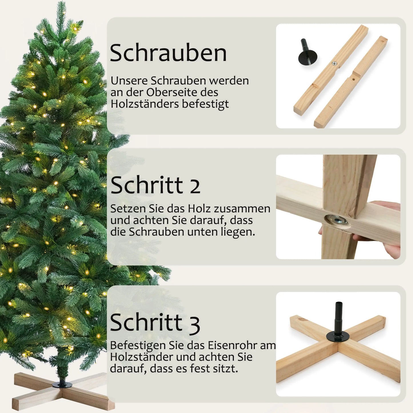 210cm Artificial Christmas Tree 340 LED lights,1276 Tips,PVC+PE, Wooden Stand,Foldable Design,Easy Assembly,Party Decoration