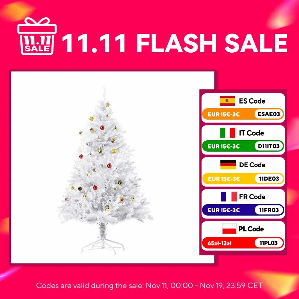 Homcom Artificial Christmas Tree 150 cm with 680 Pvc Branches 48 Decorations Included Ø85X150 White