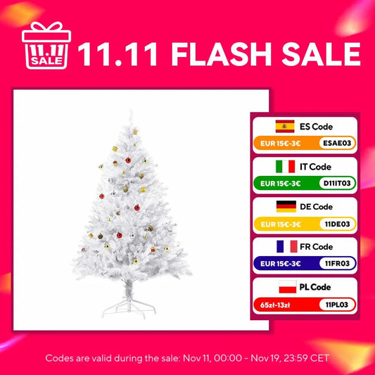 Homcom Artificial Christmas Tree 150 cm with 680 Pvc Branches 48 Decorations Included Ø85X150 White