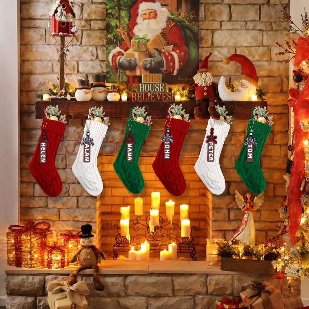 Personalized Cable Knit Christmas Stockings with Wooden Name Tag