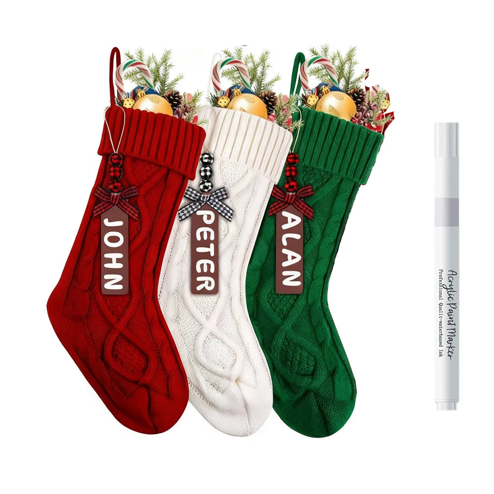 Personalized Cable Knit Christmas Stockings with Wooden Name Tag