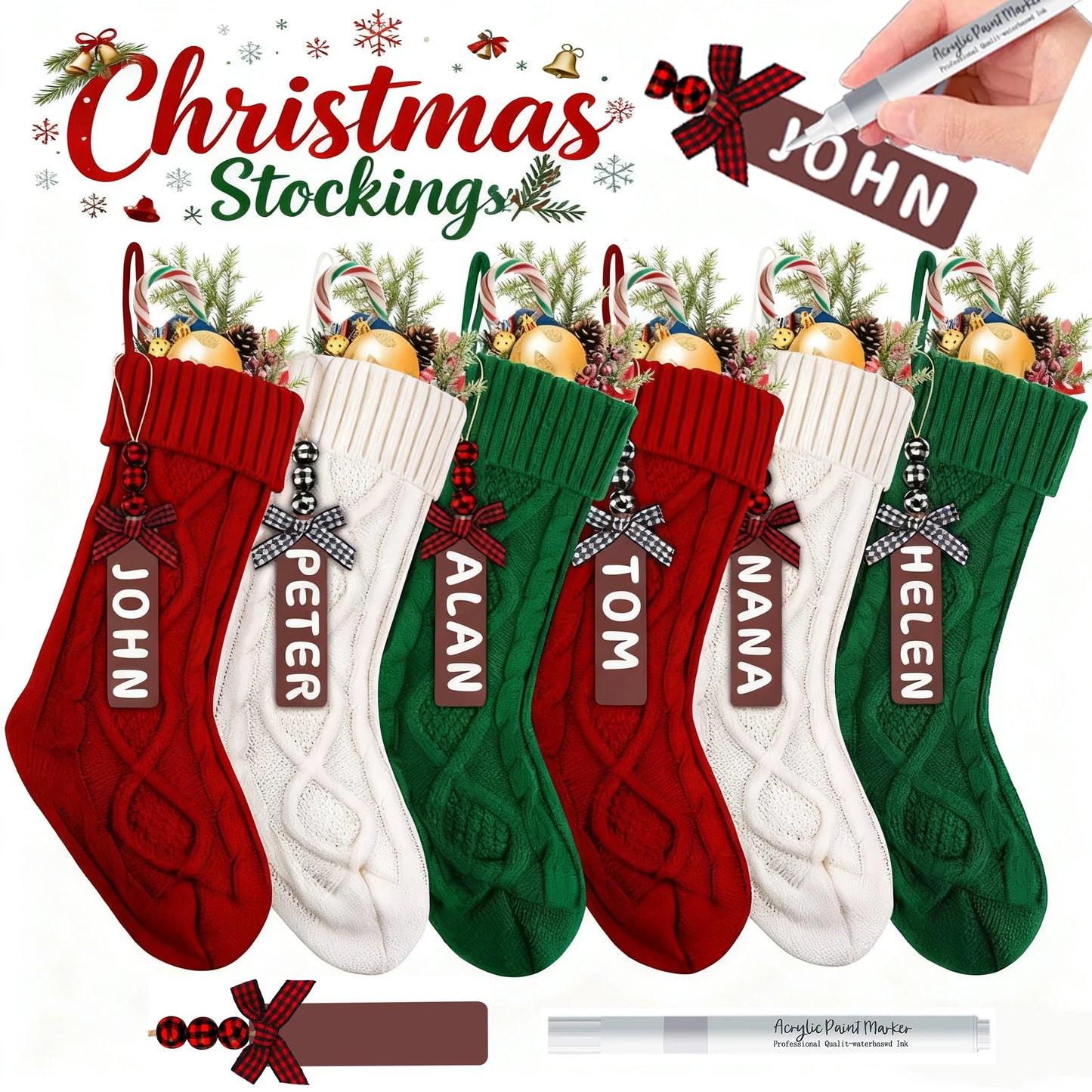 Personalized Cable Knit Christmas Stockings with Wooden Name Tag