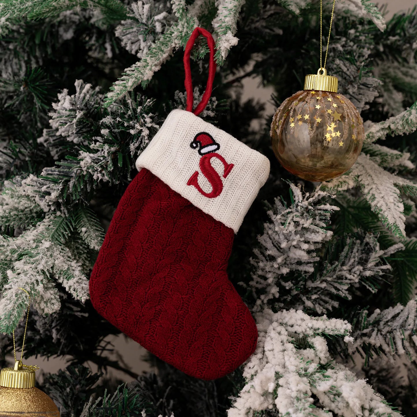 Red Knitted Christmas Stocking with Embroidered Letter – Custom Gift