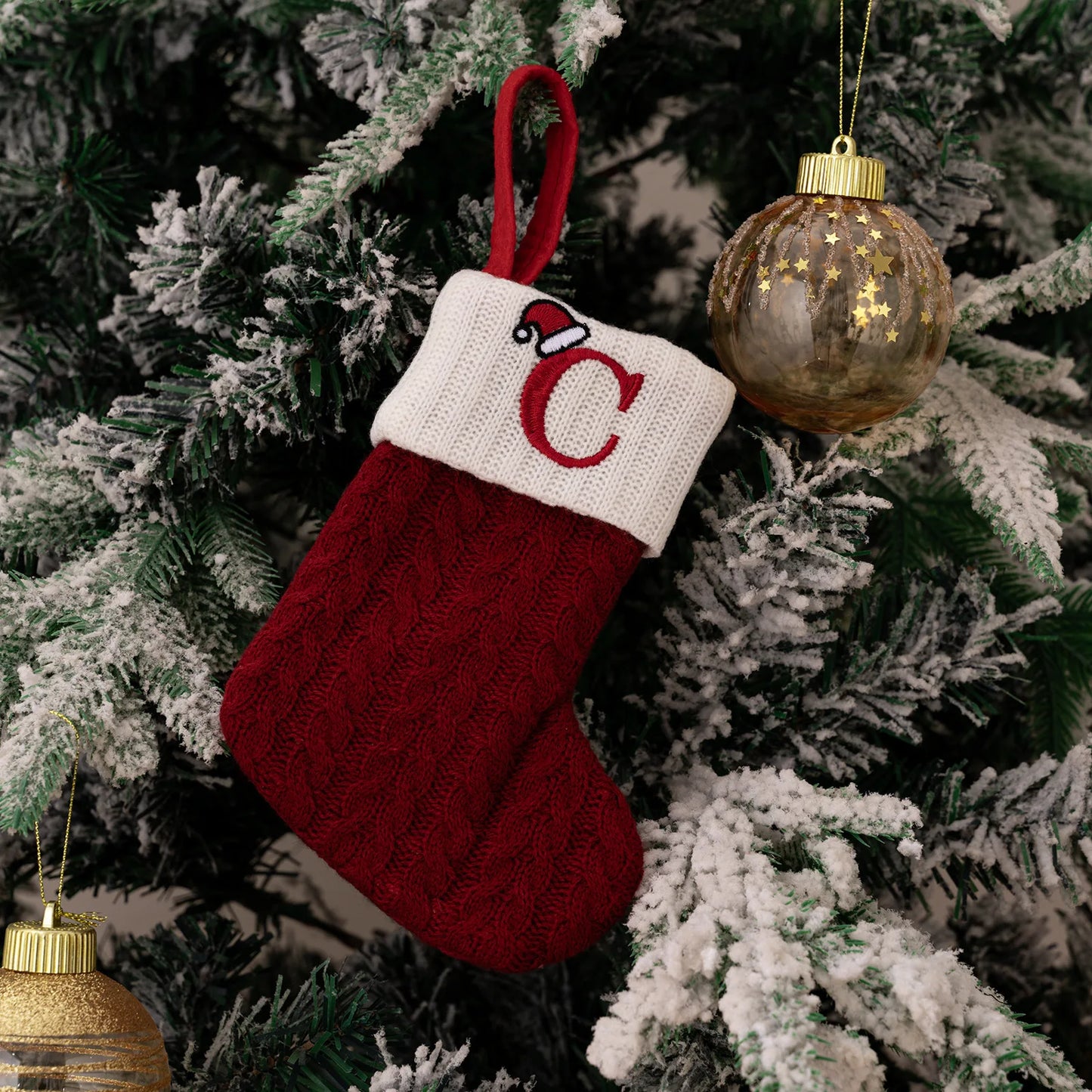 Red Knitted Christmas Stocking with Embroidered Letter – Custom Gift