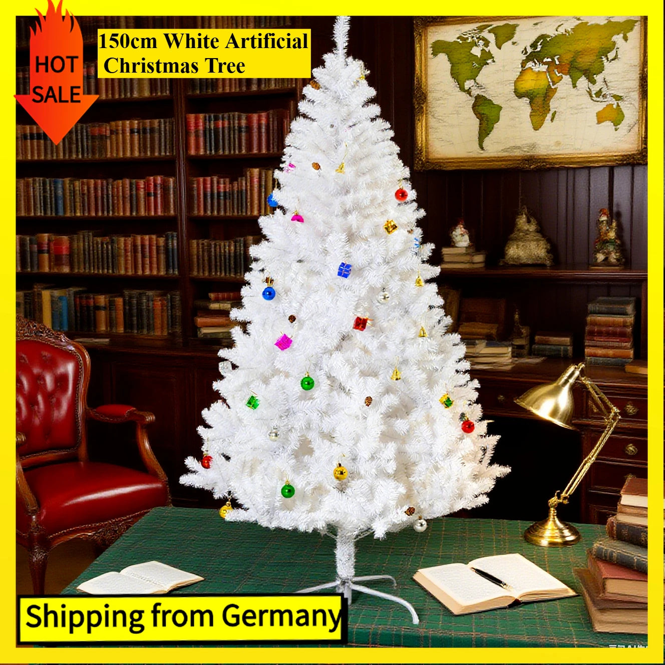 Comanlai 150cm White Artificial Christmas Tree with Golden Bells,Christmas Balls,Drums and Small Gifts,Festive Home Decorations