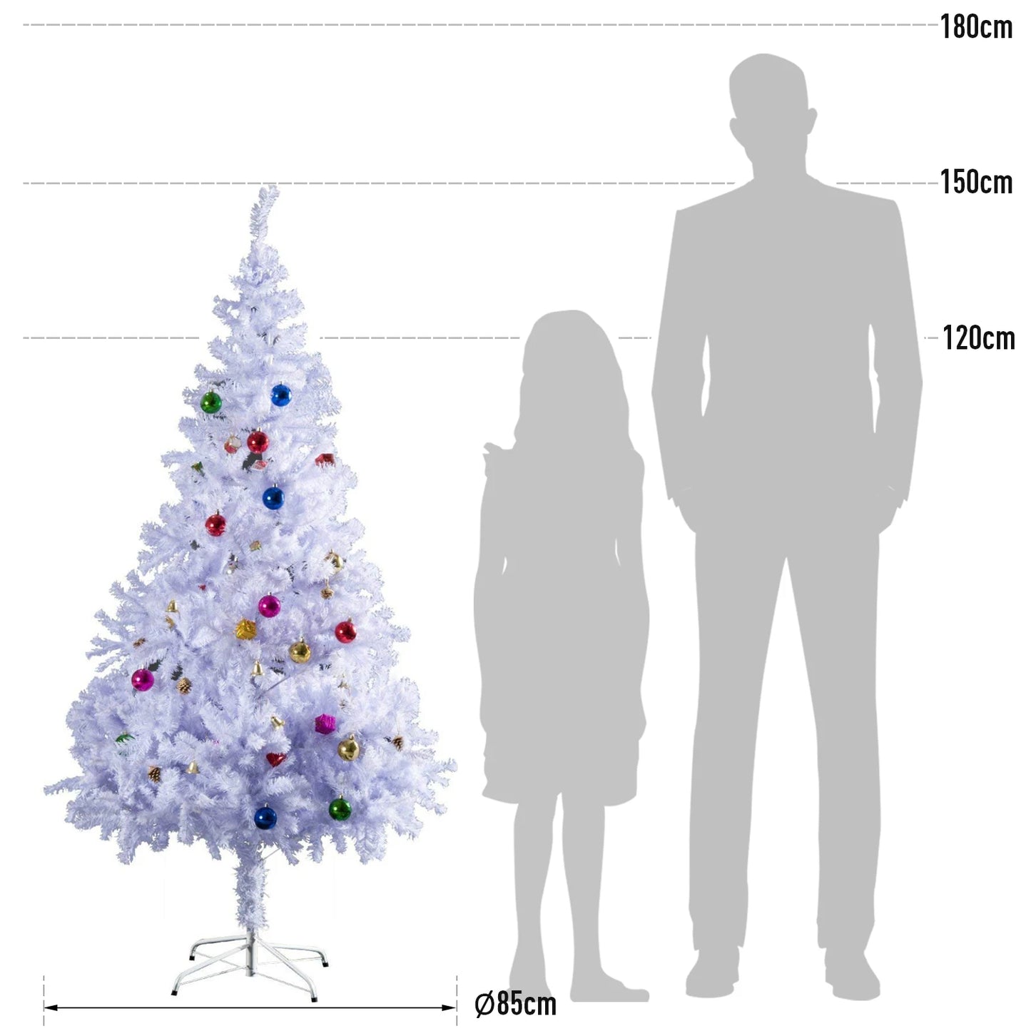 Homcom Artificial Christmas Tree 150 cm with 680 Pvc Branches 48 Decorations Included Ø85X150 White