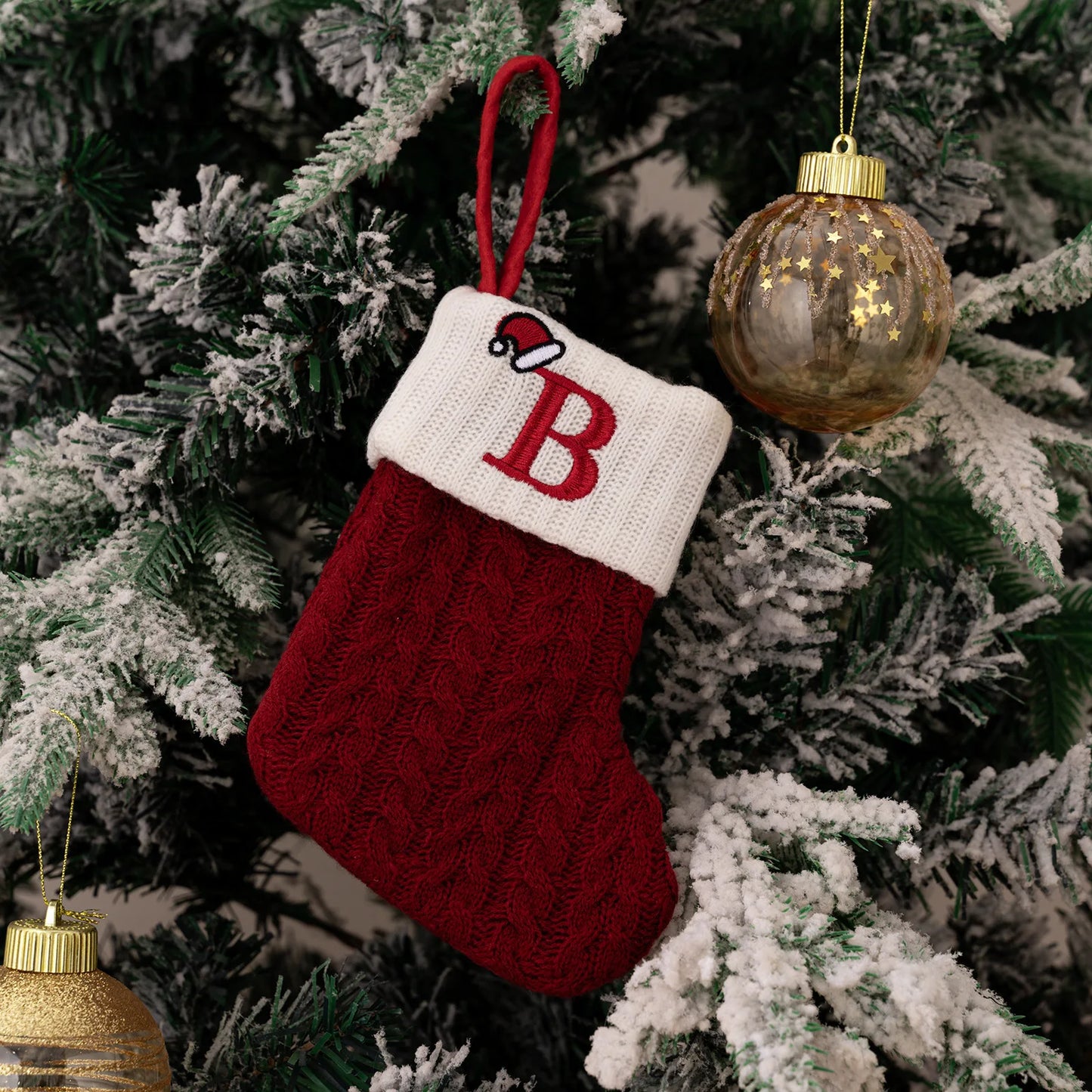 Red Knitted Christmas Stocking with Embroidered Letter – Custom Gift