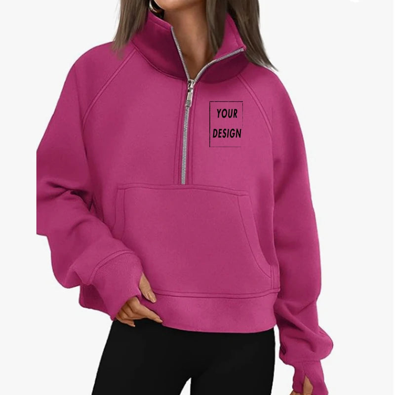 Women's Stand Collar Plus Fleece Solid Color Hoodie Long Sleeve Pocket Loose Half Zip Pullover Hoodie Top лонгслив женский