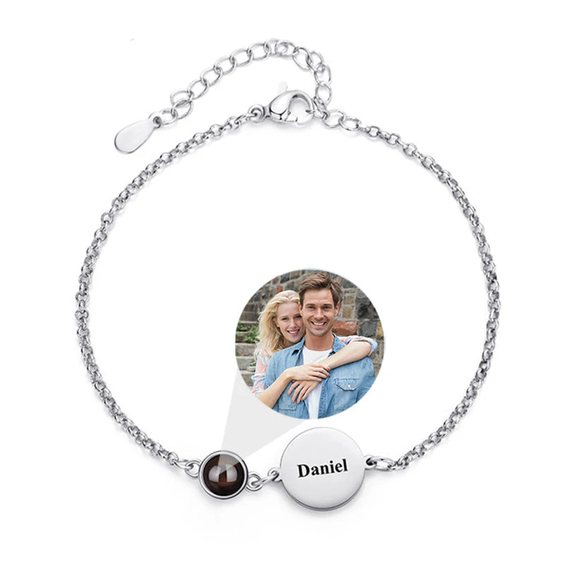 Custom Name Bracelet with Picture Inside Personalized Photo Projection Bracelets Engraved Name Bracelet for Memorial Gifts
