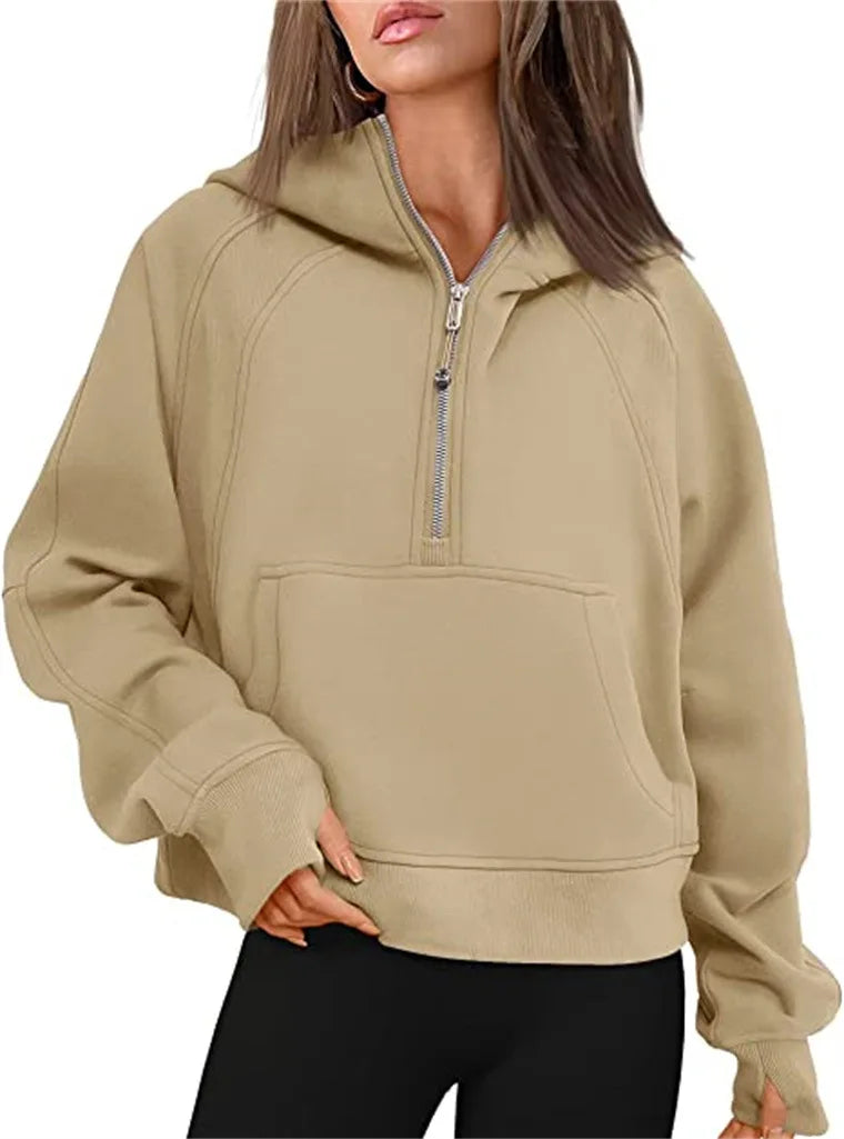 Women's Stand Collar Plus Fleece Solid Color Hoodie Long Sleeve Pocket Loose Half Zip Pullover Hoodie Top лонгслив женский