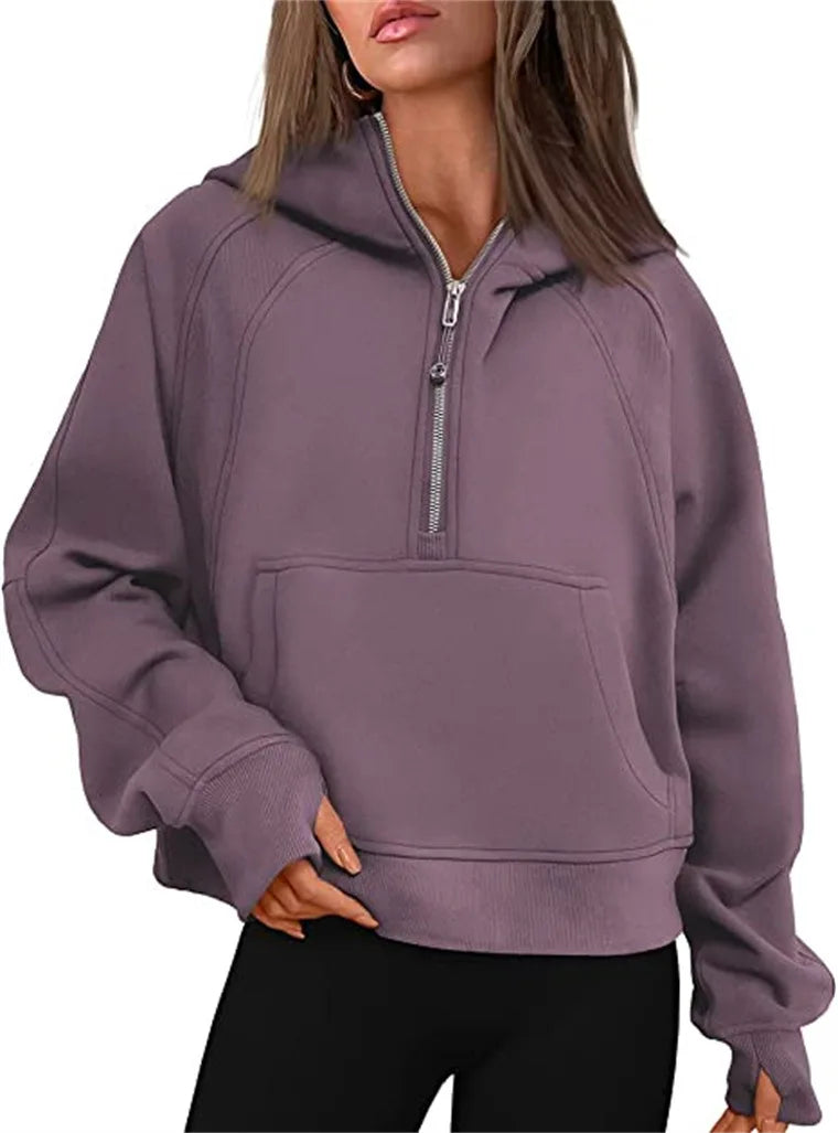 Women's Stand Collar Plus Fleece Solid Color Hoodie Long Sleeve Pocket Loose Half Zip Pullover Hoodie Top лонгслив женский
