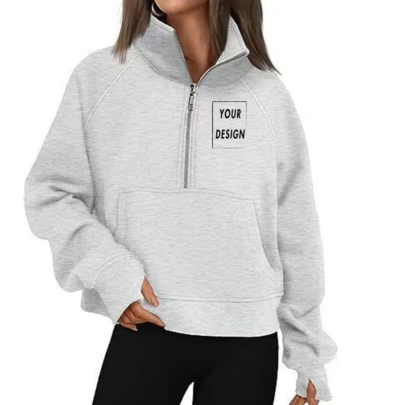 Women's Stand Collar Plus Fleece Solid Color Hoodie Long Sleeve Pocket Loose Half Zip Pullover Hoodie Top лонгслив женский