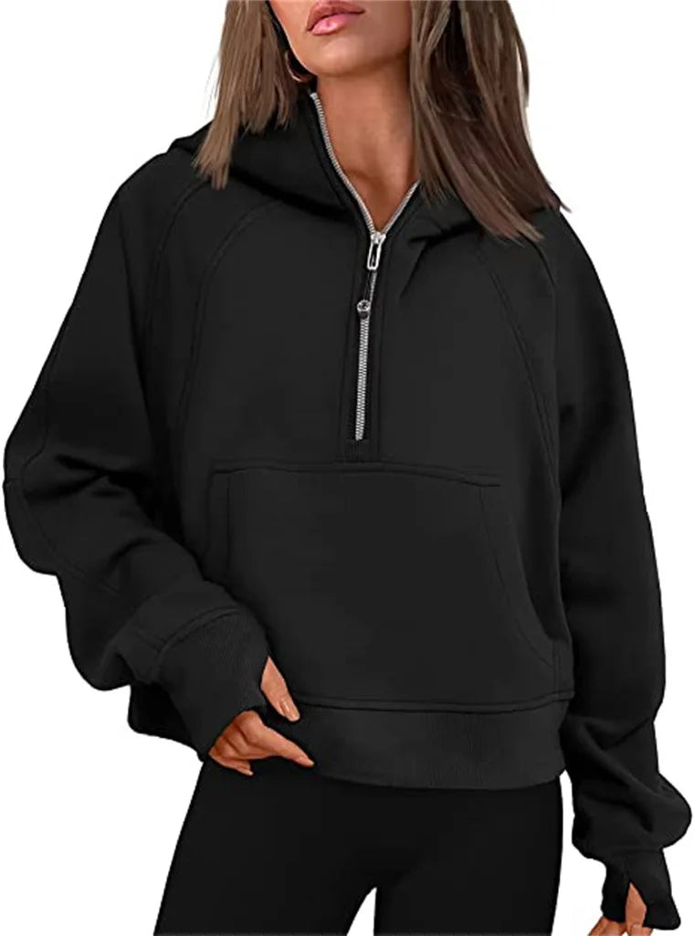 Women's Stand Collar Plus Fleece Solid Color Hoodie Long Sleeve Pocket Loose Half Zip Pullover Hoodie Top лонгслив женский
