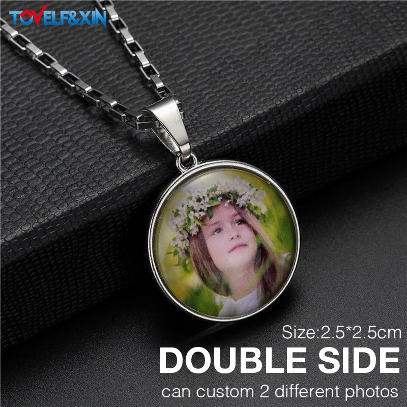 Personalized Memory Photo Pendant Double Side Customized Stainless Steel Chain Necklace for Family Members Anniversary Gift