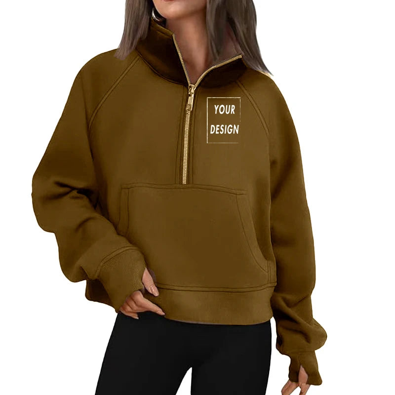 Women's Stand Collar Plus Fleece Solid Color Hoodie Long Sleeve Pocket Loose Half Zip Pullover Hoodie Top лонгслив женский