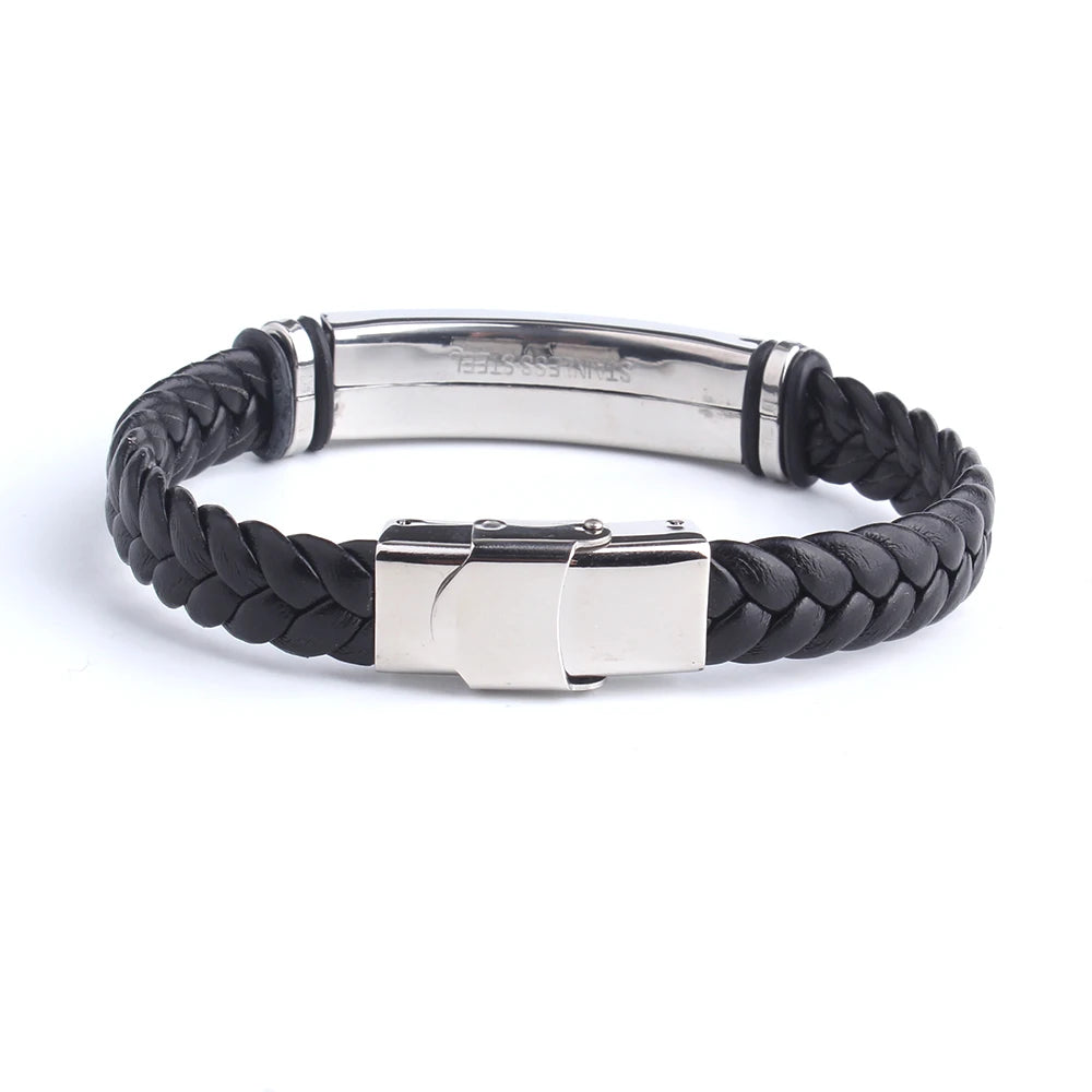 Punk SOS Custom logo Name Engrave Text Leather Bangle & Bracelet customize Stainless Steel Bracelets For Women Men ID Bracelet